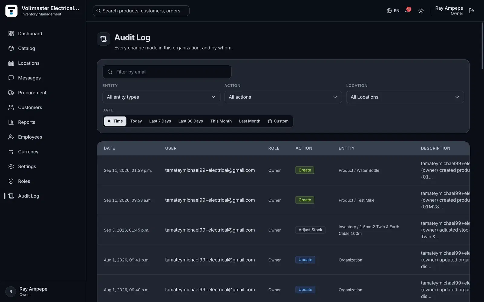 The Audit log screen in Tillstock