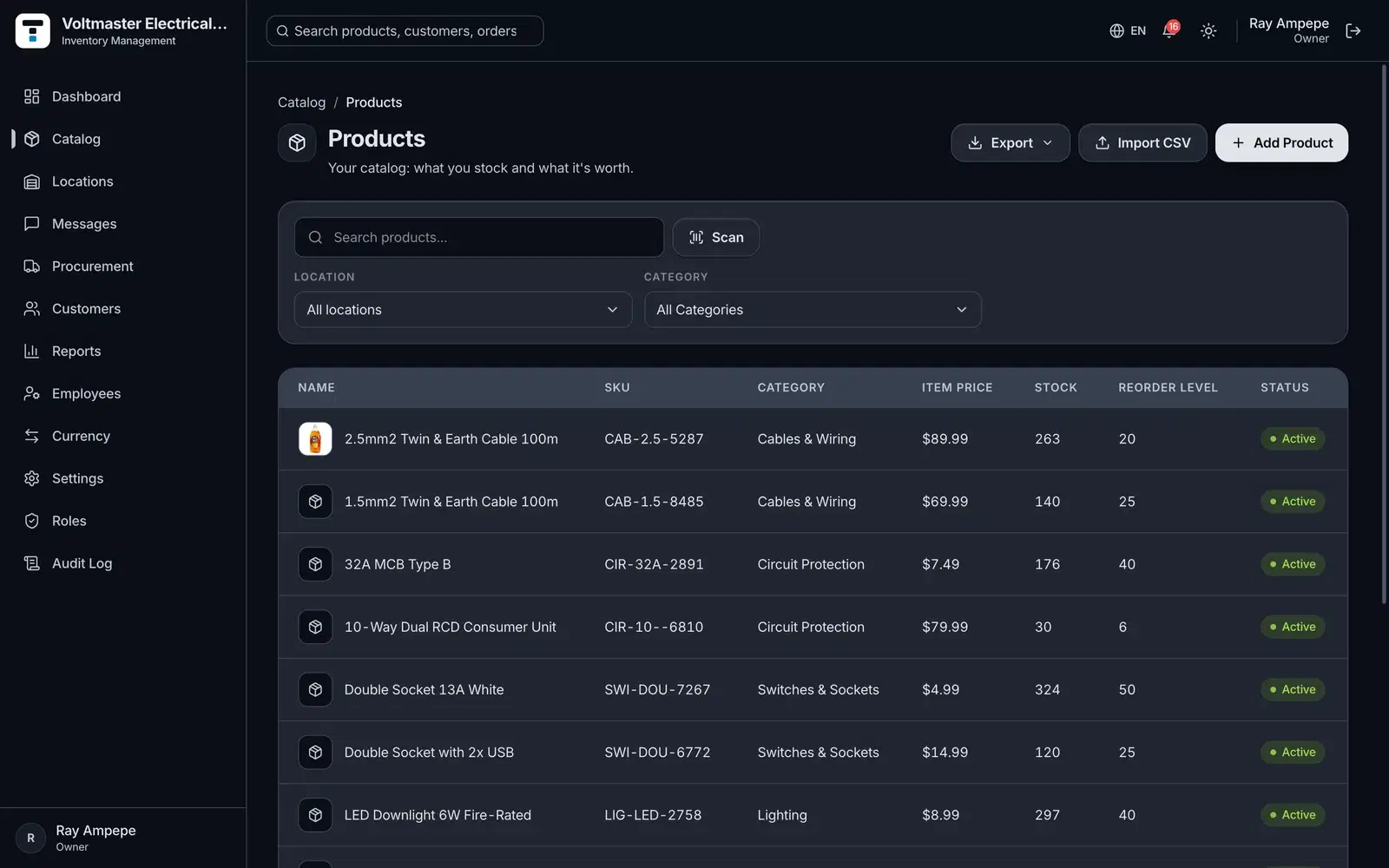 The Products screen in Tillstock