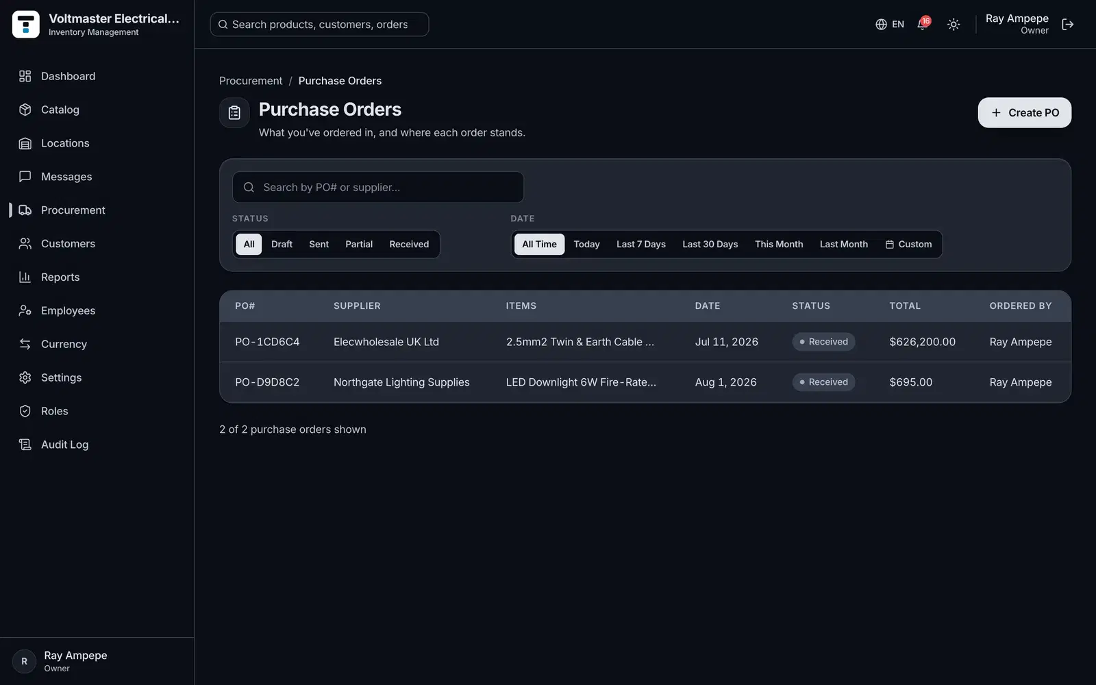 The Purchase orders screen in Tillstock