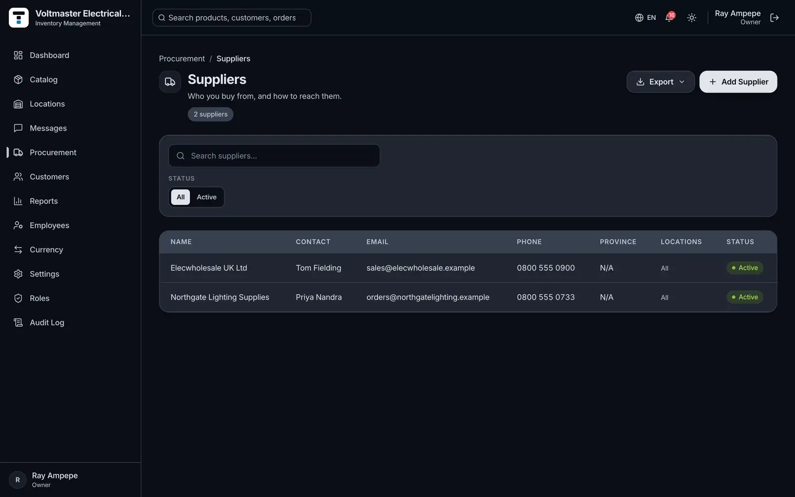 The Suppliers screen in Tillstock
